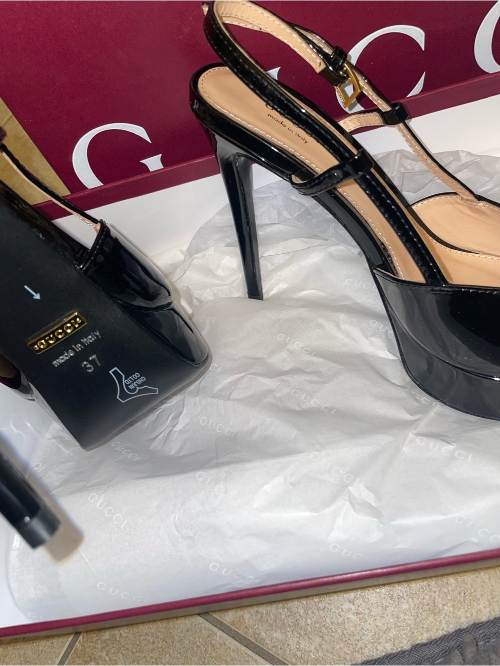 Gucci Black Patent Leather Horsebit Slingback Pumps GG size 7 high heels - Picture 8 of 14